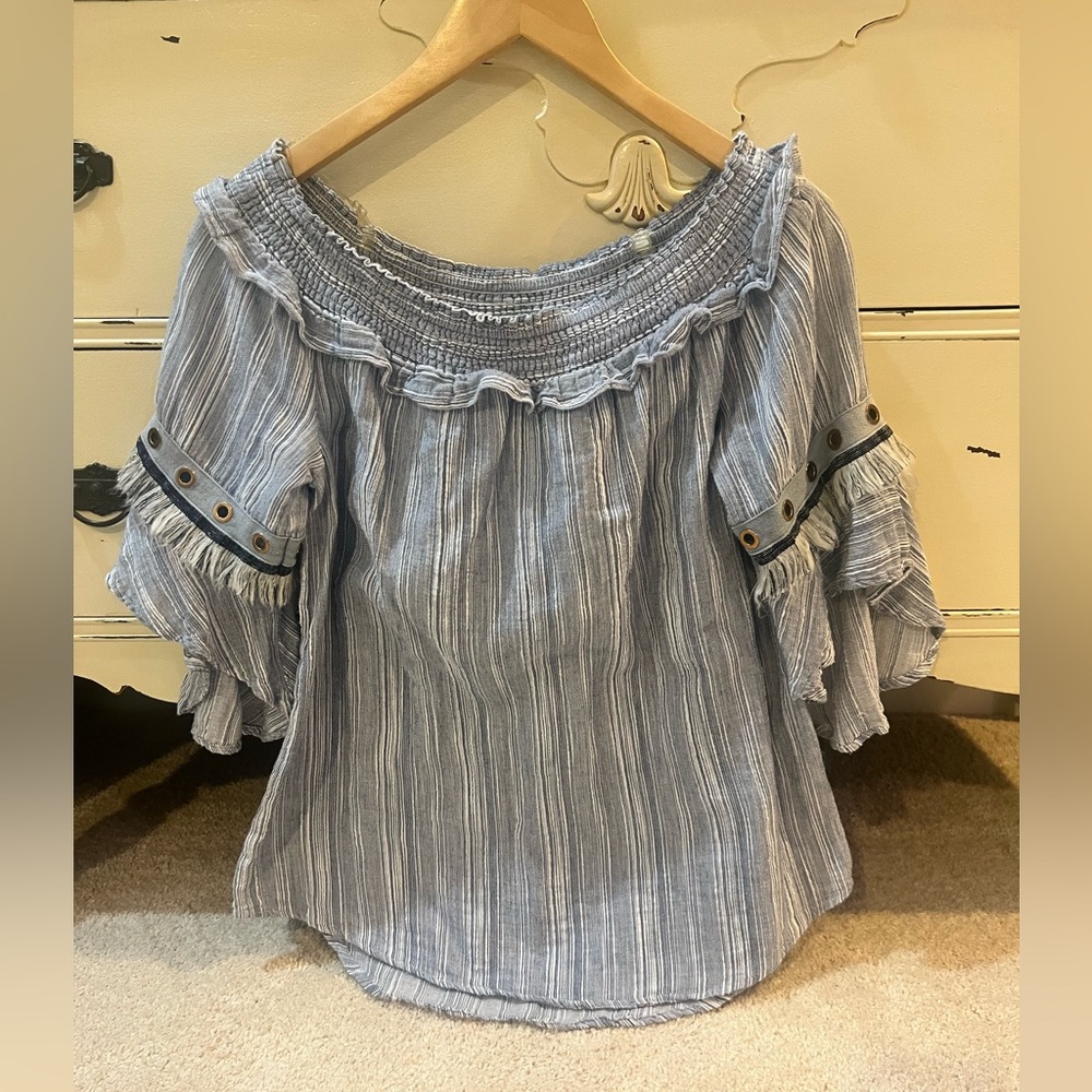 Monoreno Blue Striped Off-Shoulder 100% Cotton Top with Fringe Size Small
